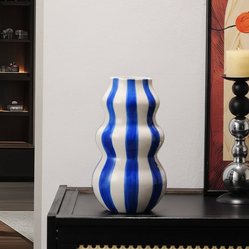 Nordic striped vase-blue model on a table with measurements displayed