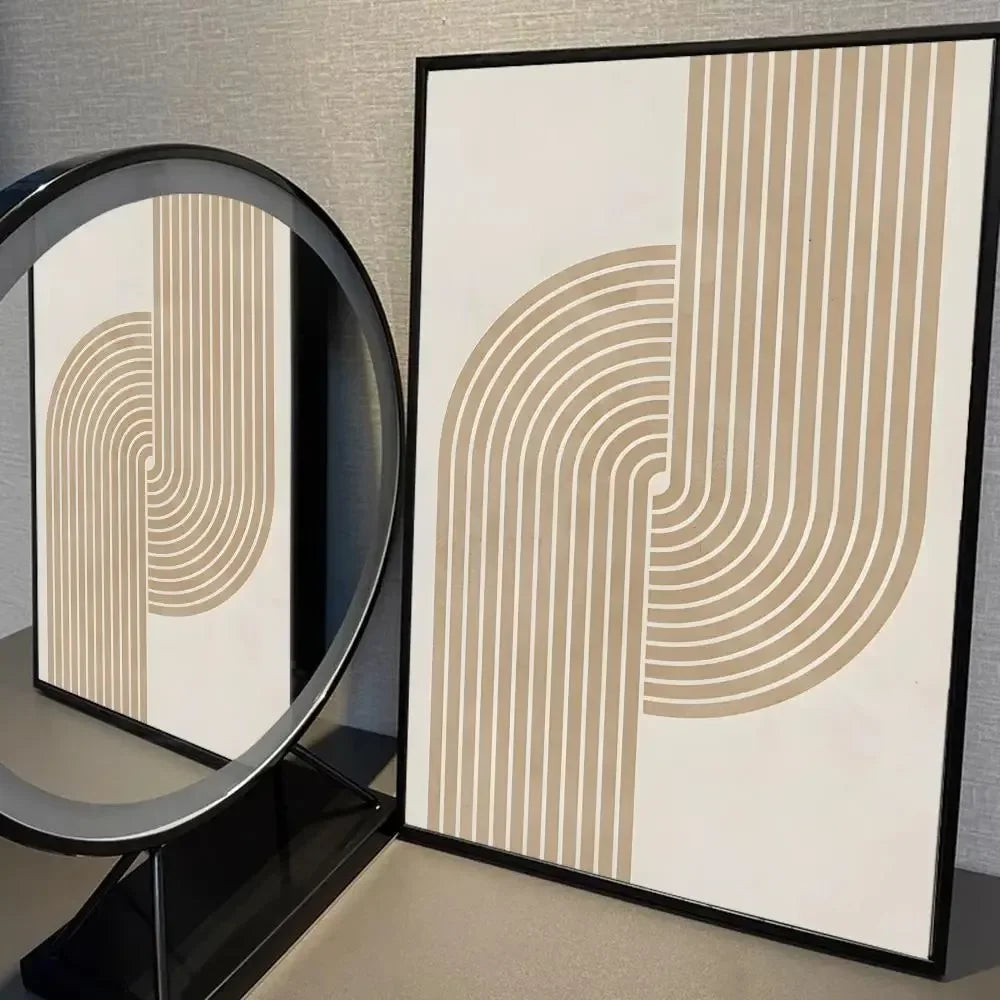 Neutral abstract wall art with overlapping shapes in mocha, beige and black tones
