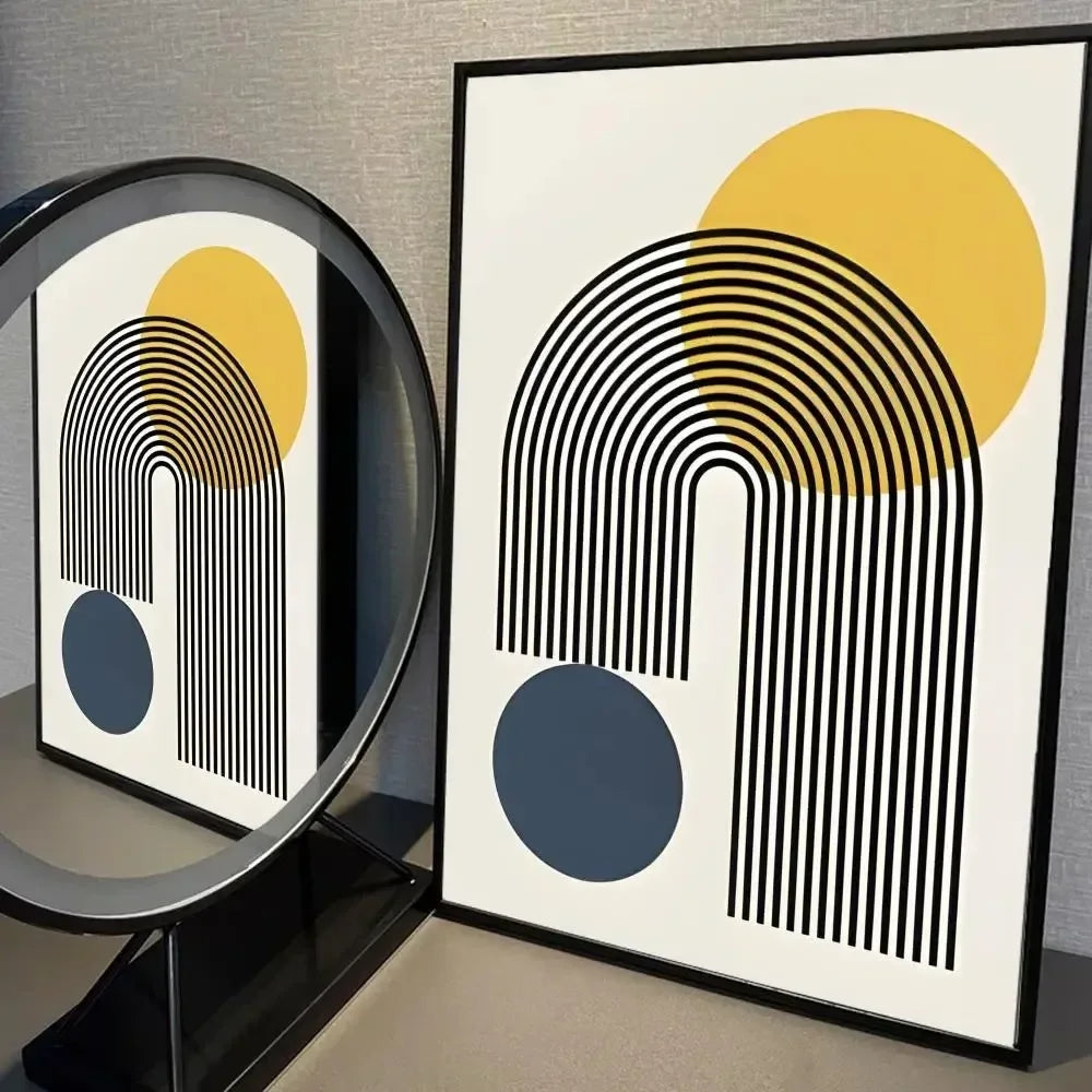 Contemporary abstract print with mustard circle, navy shape and black arch lines