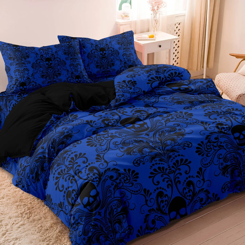 Cobalt blue skull print duvet cover set styled on a bed with matching pillowcases
