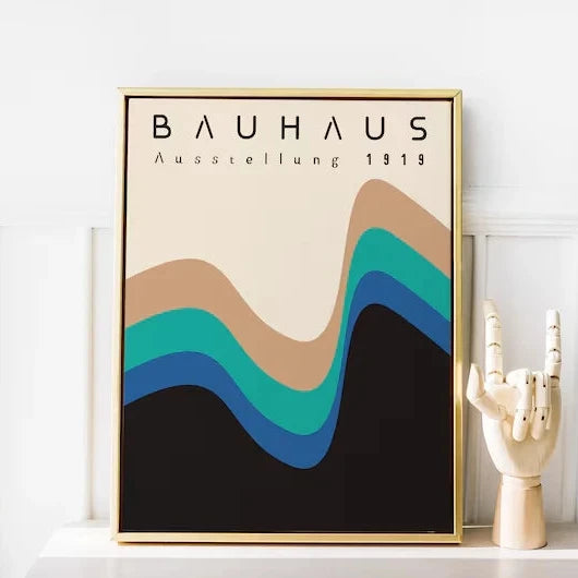 Bauhaus exhibition print with layered black, blue, teal, and beige curves