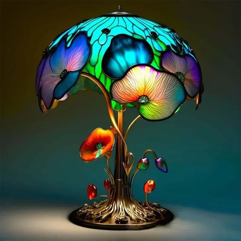 Colourful, floral-stained resin mushroom lamp with artistic metal base