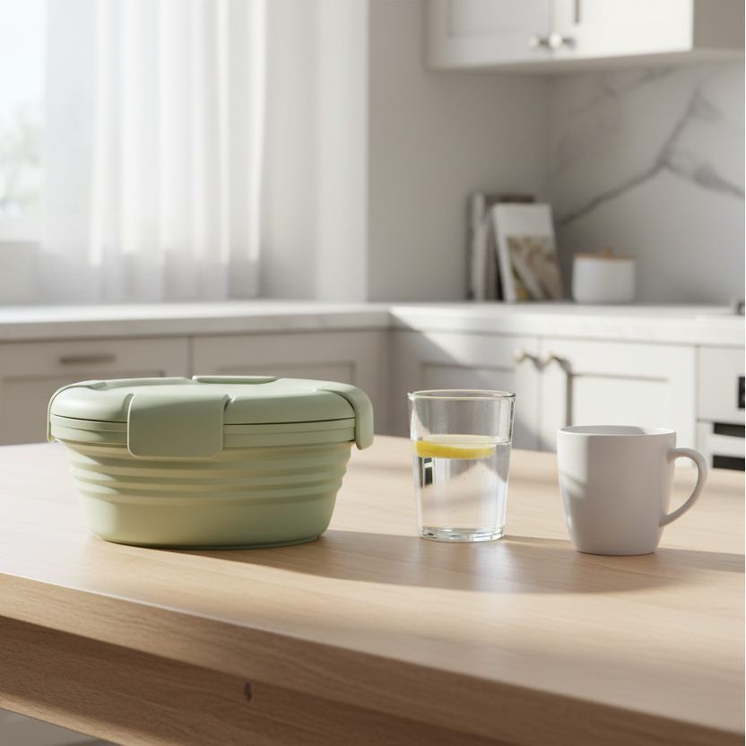 Side view of the Light Green retractable silicone lunch box in its fully expanded 1100ml state.