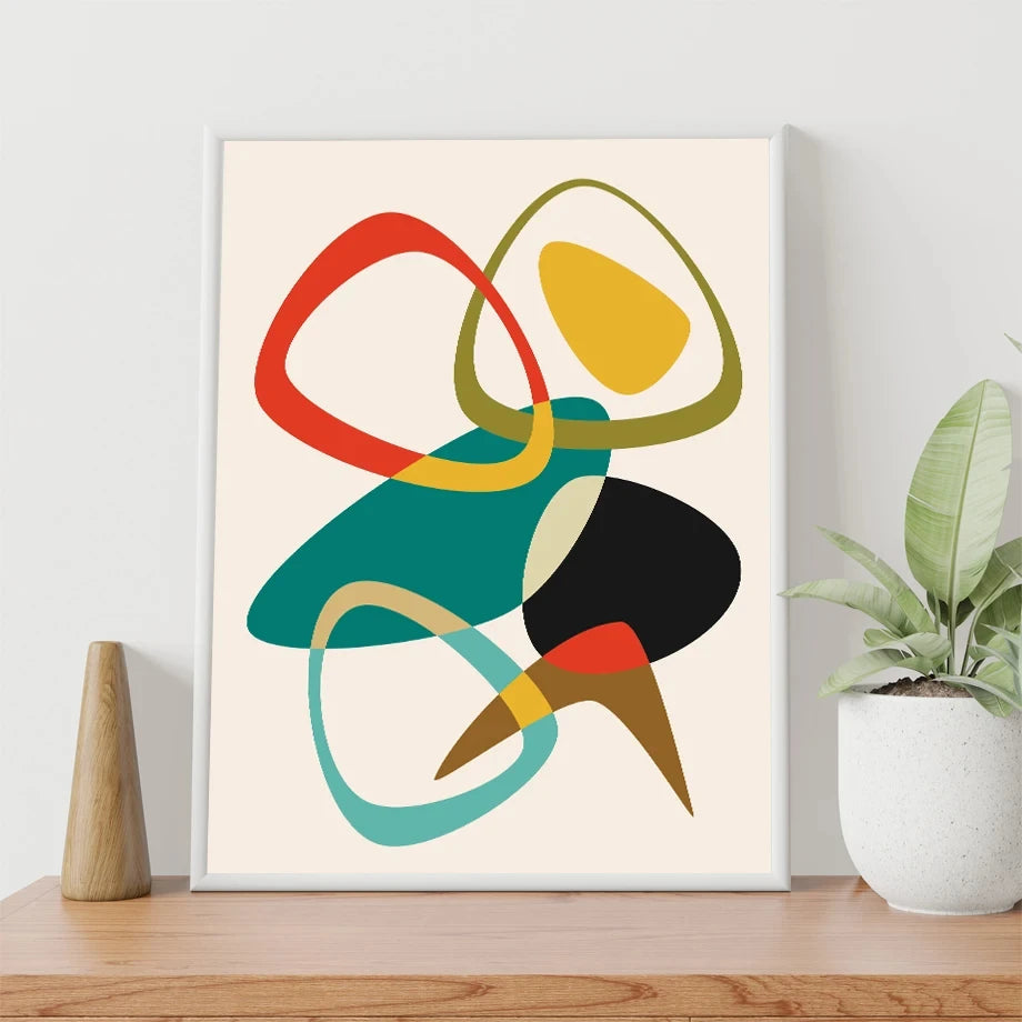 Abstract cotton canvas print with layered looping shapes in teal, red, mustard, black, and brown on a neutral background