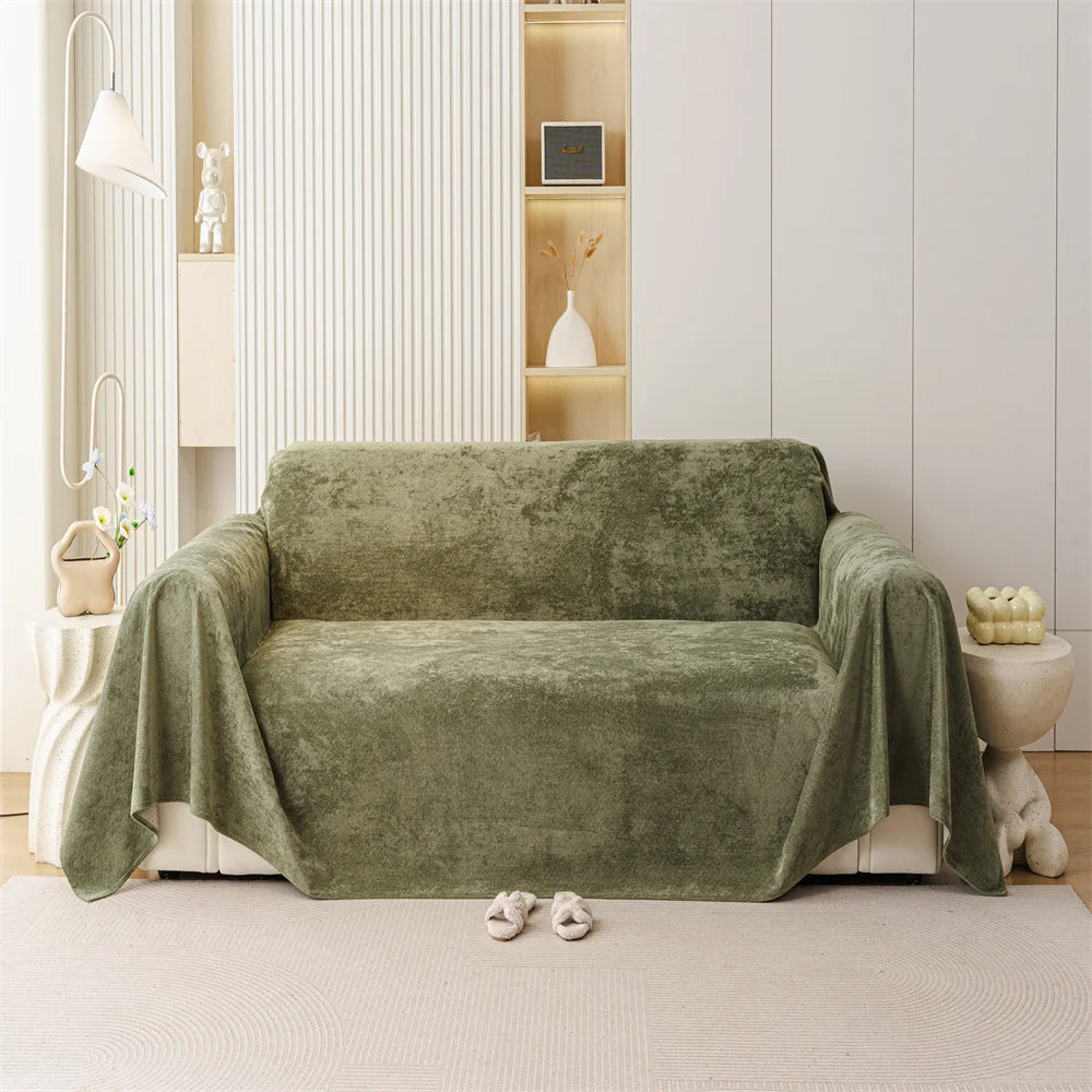 Olive Polyester sofa throw covering a full sofa with a modern decor setting