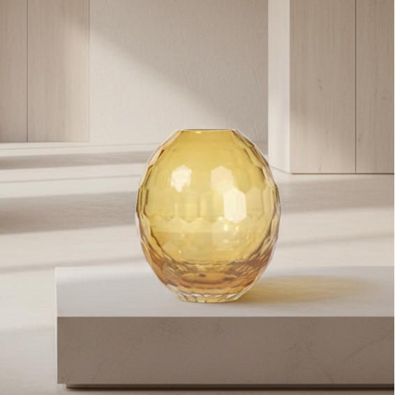 Large amber round faceted glass vase 16cm height