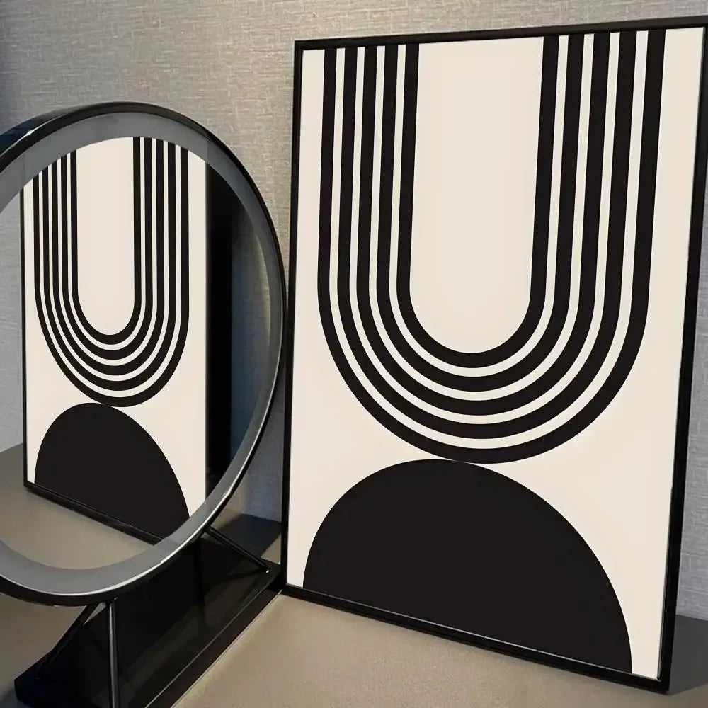 Modern abstract canvas with bold black U-shape lines and a half-circle base on an ivory background