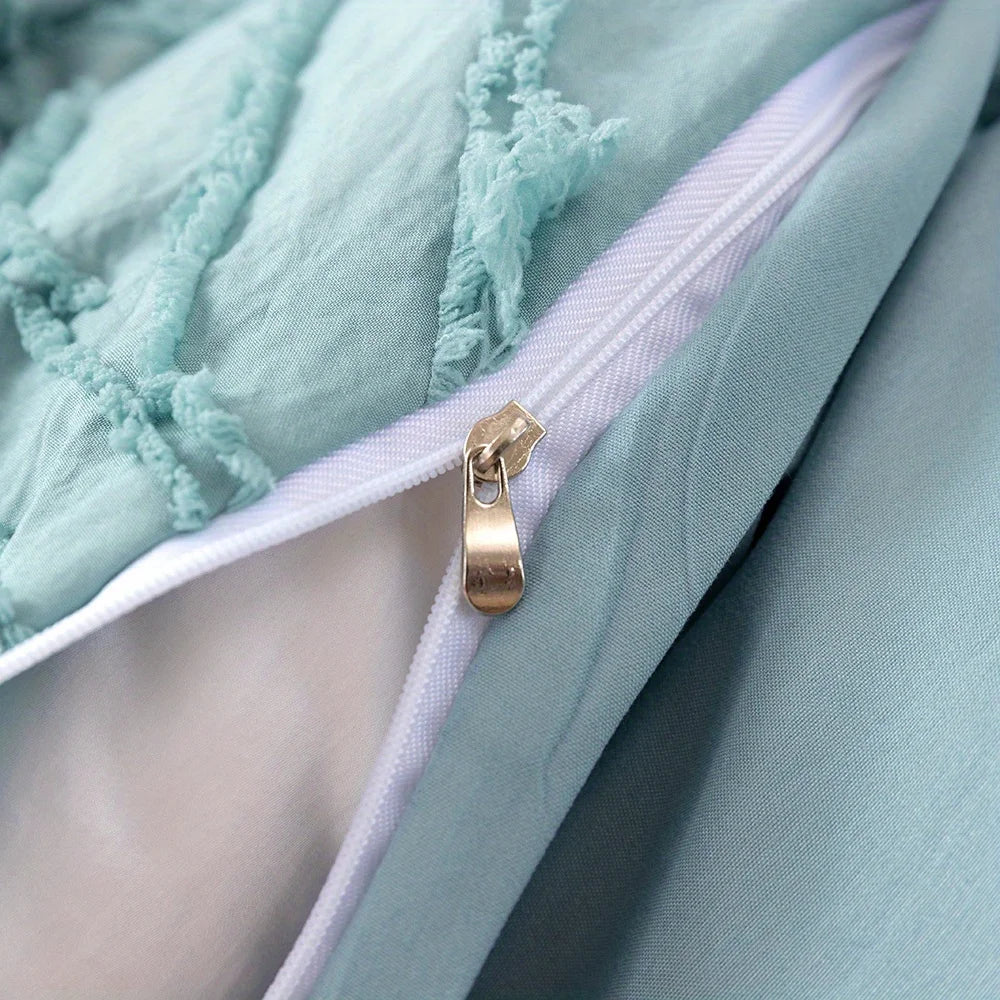 Close-up of zip closure on textured geometric duvet cover