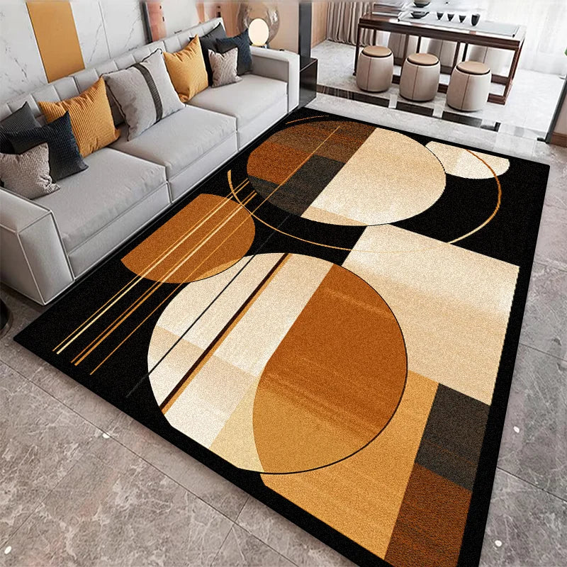 Black and terracotta abstract rug with overlapping circle and stripe motifs in a modern living room