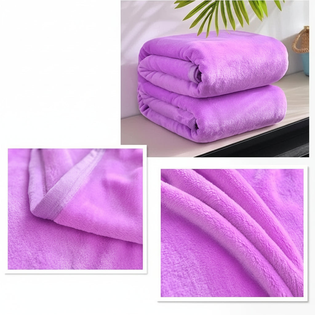 Purple blanket shown in various settings with close-up details.