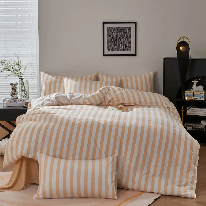 Peach and white striped Polyester bedding set with soft minimalist bedroom styling