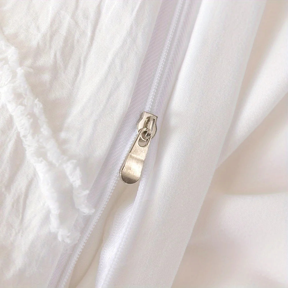 Close-up of zip closure on textured geometric duvet cover