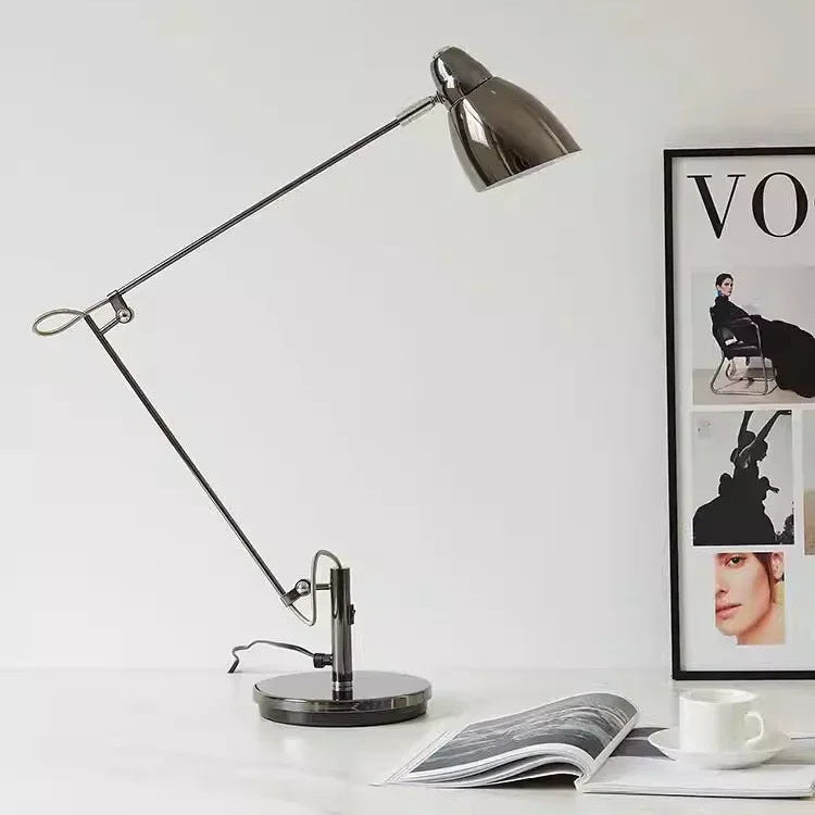Adjustable aluminium desk lamp with long arm, brushed dark metallic finish, 80cm height, 70cm reach, 19cm base