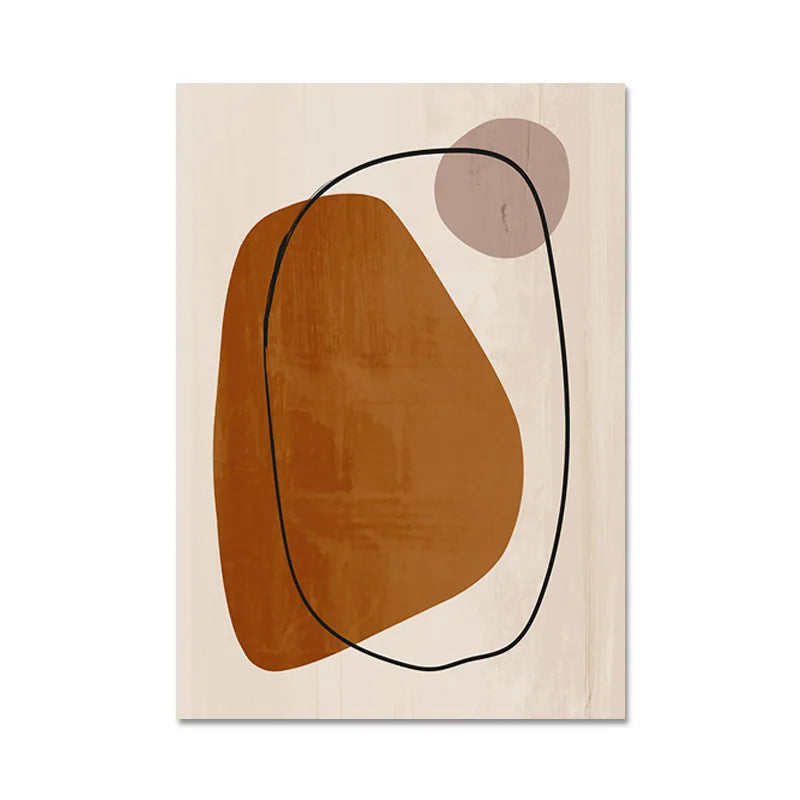 Abstract art print with a brown shape and black line on a beige background