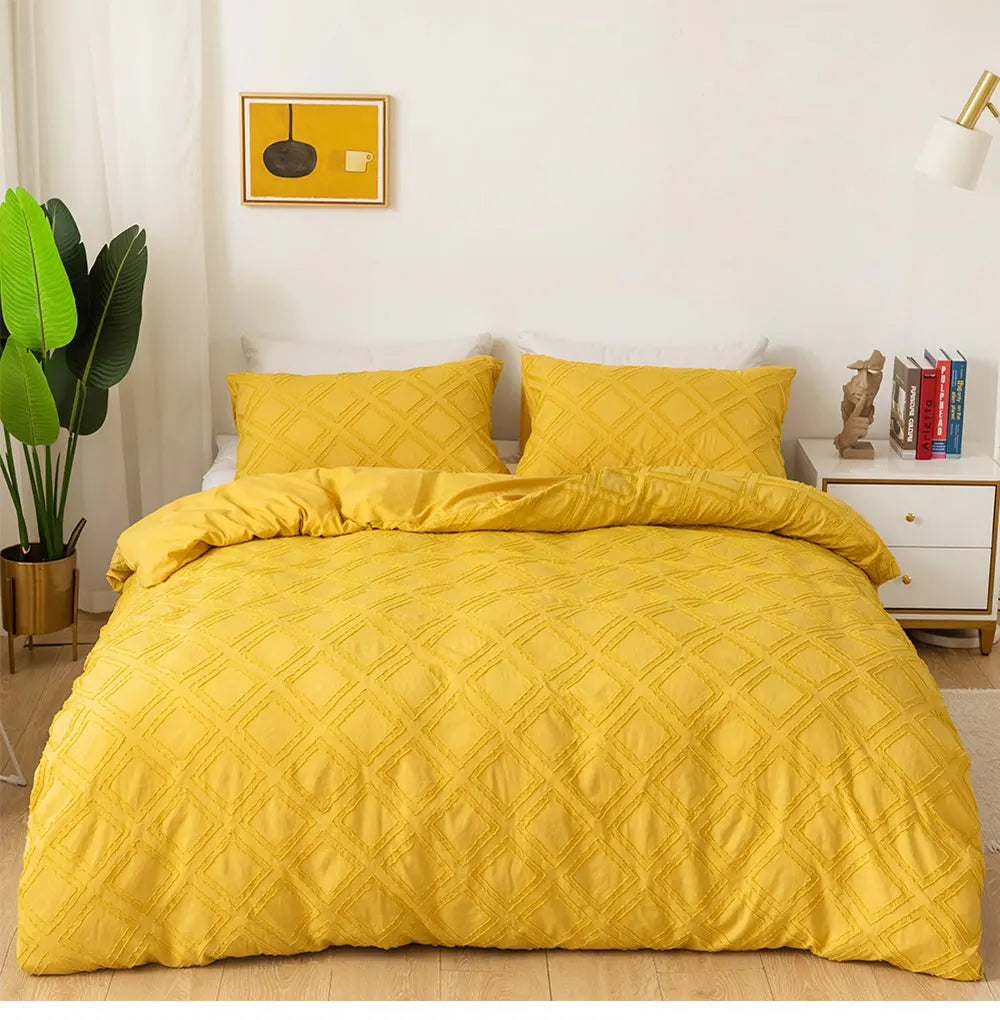 Mustard yellow textured geometric bedding set with matching pillowcases