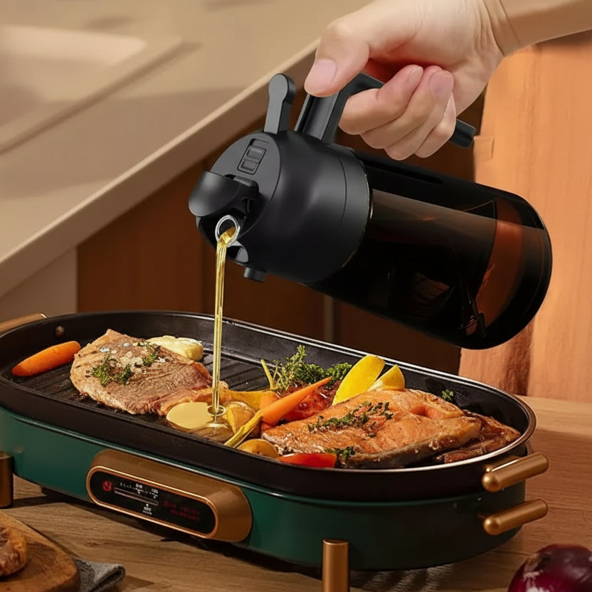 Oil sprayer being used to pour oil over food on a grill with features highlighted.