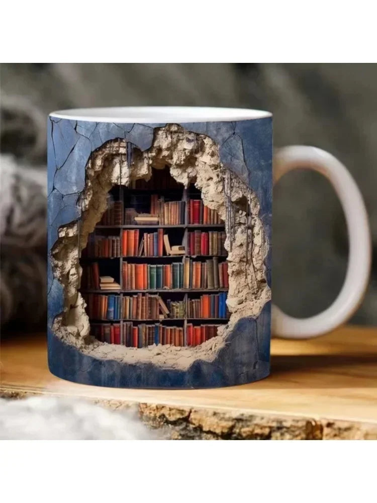 Mug with a design of books in a cave on a wooden surface