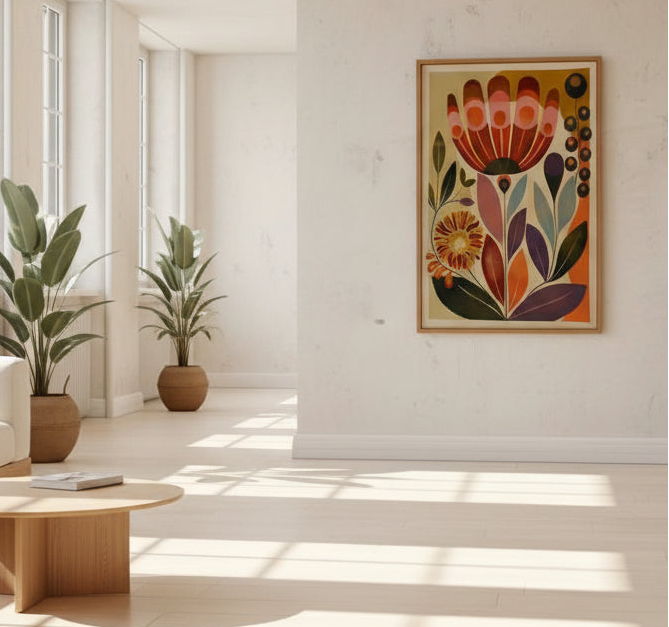Modern living room with a colourful floral painting on the wall, plants, and a wooden table.