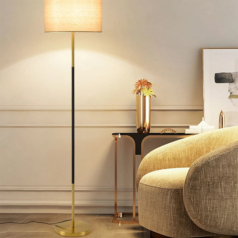 Modern Art Floor Lamp in Black and Gold with dimensions showing 158cm height and 38cm shade diameter.