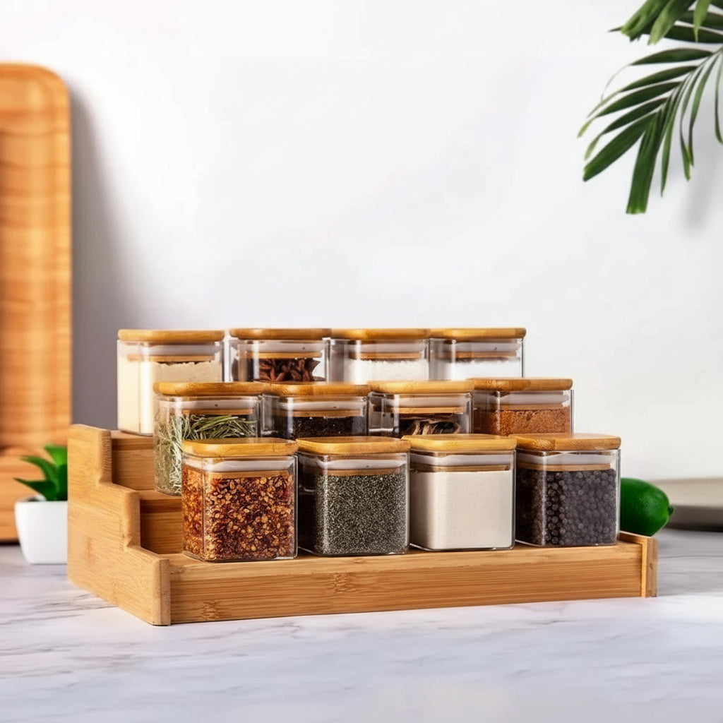 Bamboo spice rack with glass containers on a light surface.