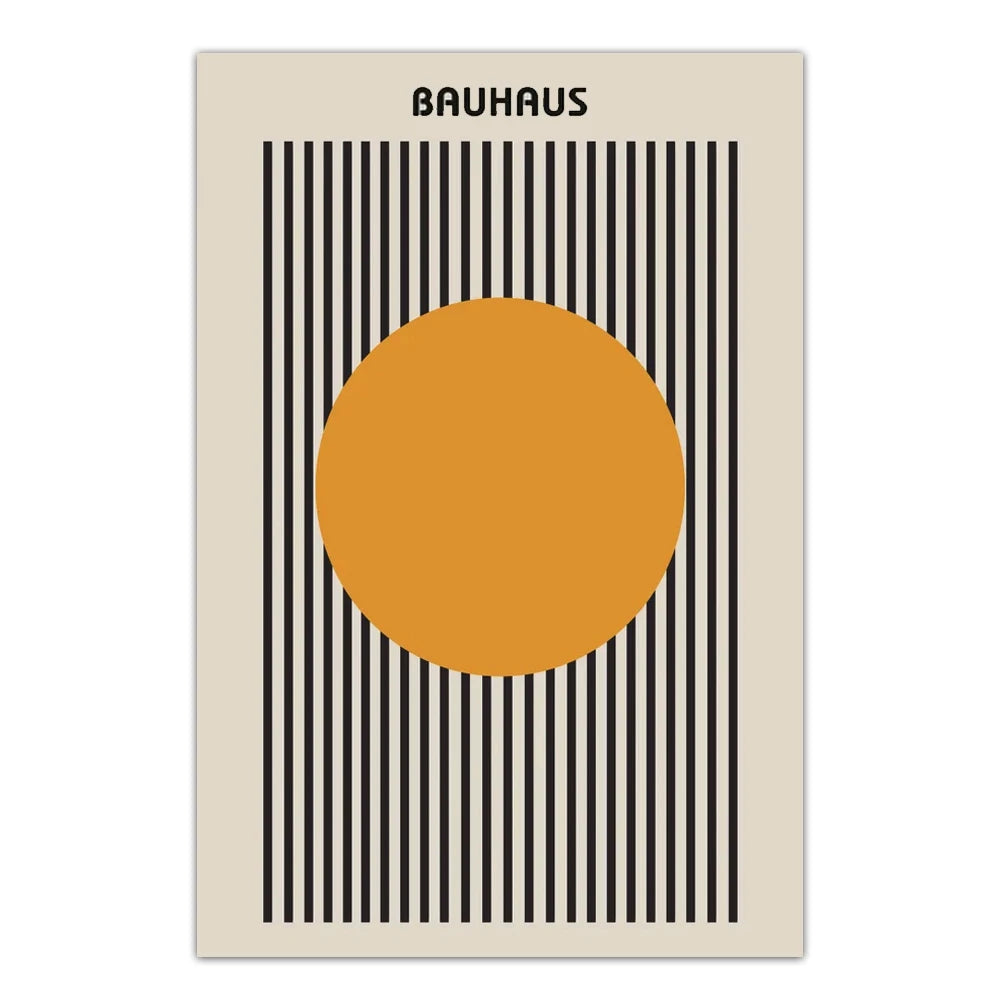 Bauhaus poster with a yellow circle and black vertical stripes on a beige background