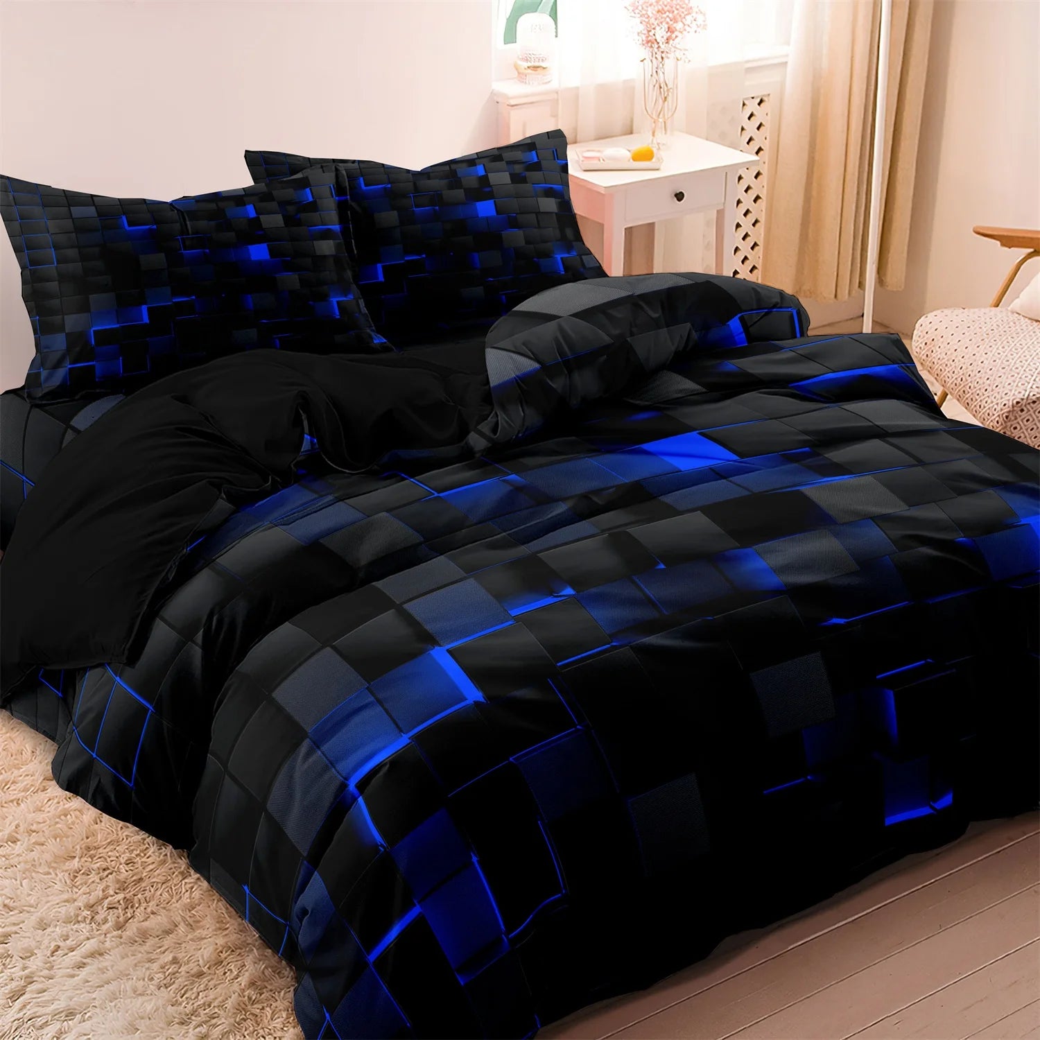 Black bedding set with blue geometric block digital print