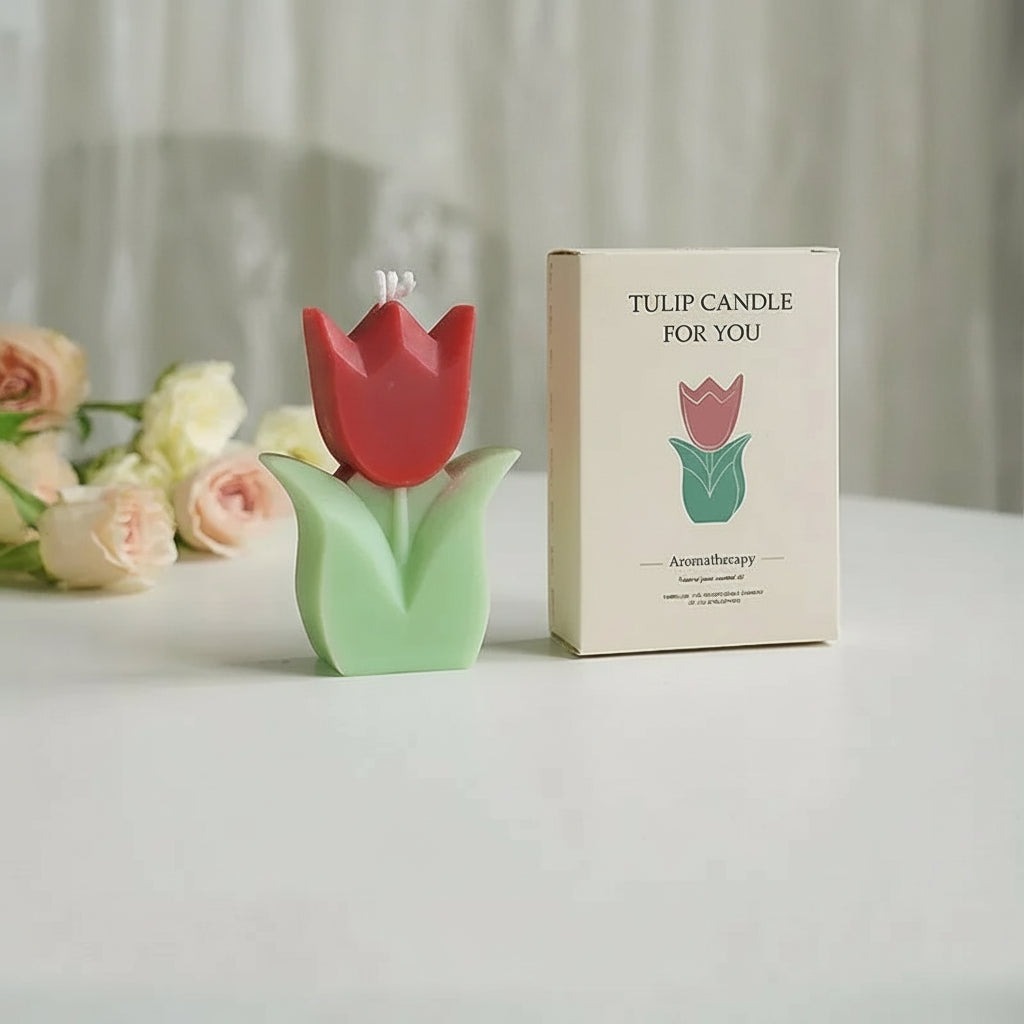 Tulip-shaped candle with packaging on a neutral background