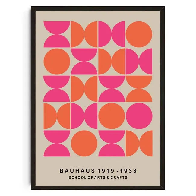 Framed poster with geometric pattern and Bauhaus text on a beige background