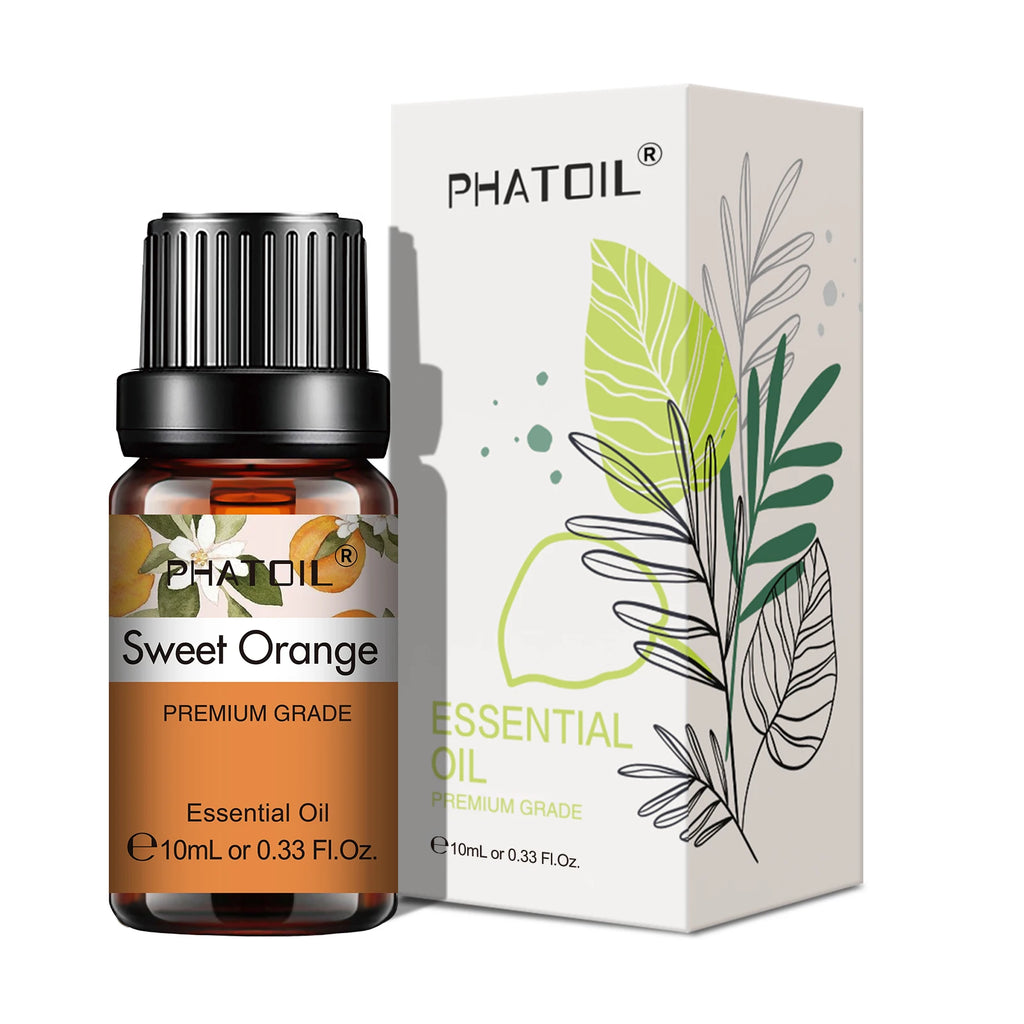 10ml bottle of Premium Grade Sweet Orange Essential Oil with vibrant citrus packaging.