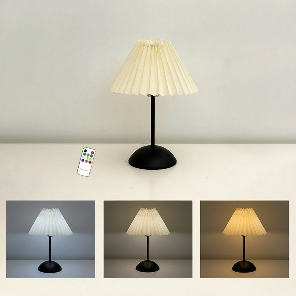 Table lamp with pleated shade and remote control, showing light colour temperature options.