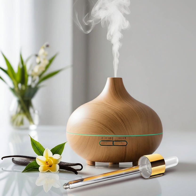 Wooden diffuser with steam rising, vanilla beans, and flowers on a light background.