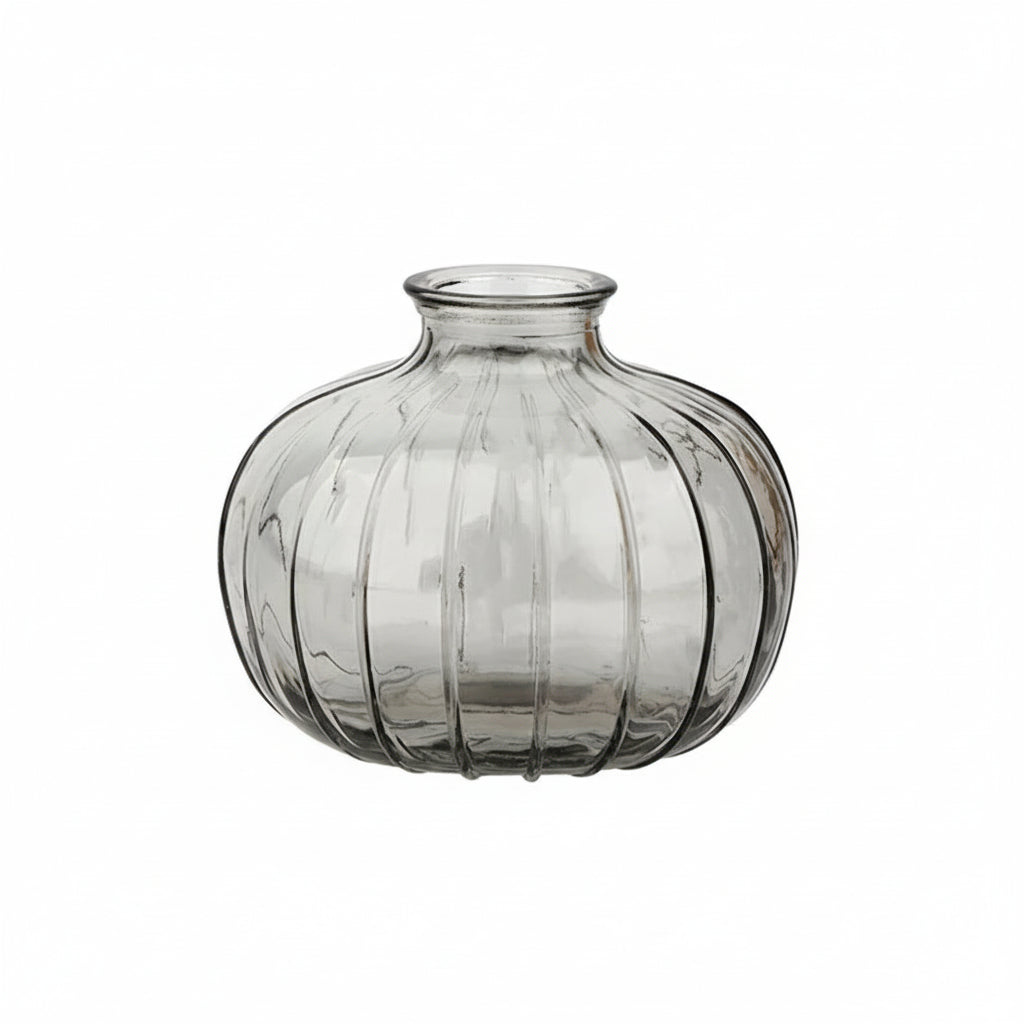 Clear glass vase with dimensions labeled on a white background