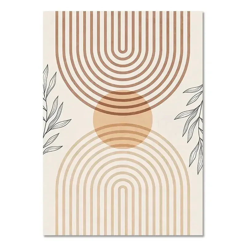 Decorative poster with geometric design featuring concentric circles and leaves on a beige background