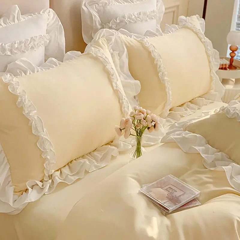 Buttercream Yellow): Buttercream yellow Korean-style bedding set with ruffled edges