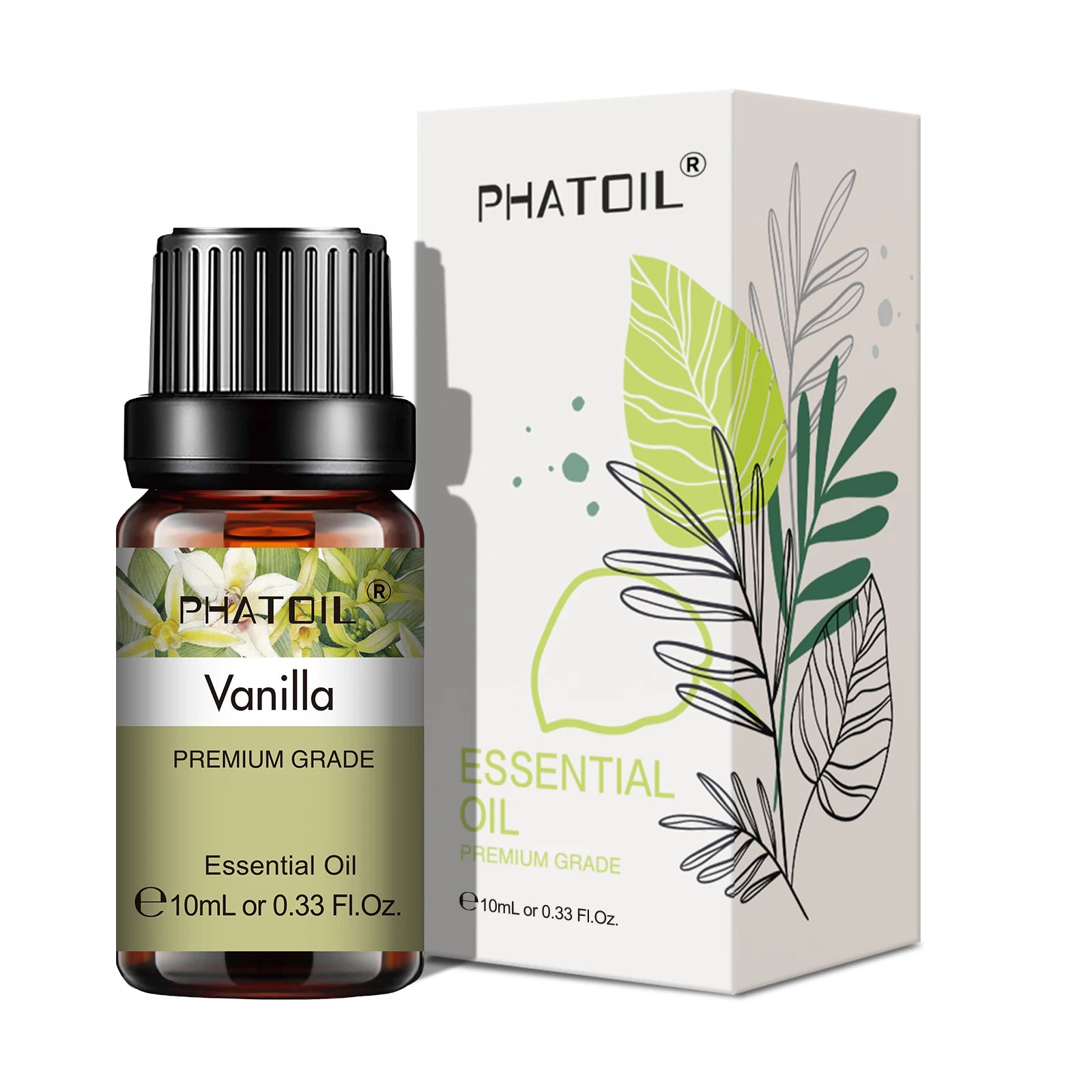 10ml bottle of P Premium Grade Vanilla Essential Oil with white botanical packaging