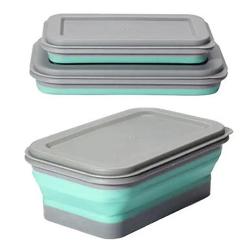 Set of two green and grey collapsible silicone lunch boxes stacked together