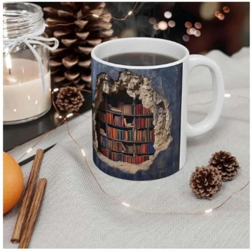 Mug with a bookshelf design on a table with candles and pinecones