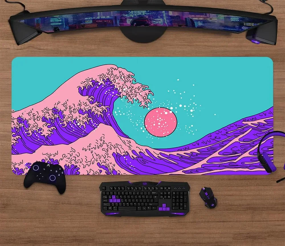 Large gaming desk mat with colourful retro wave artwork