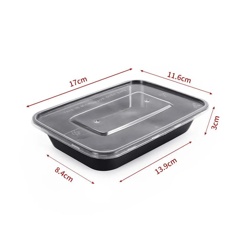 400ml rectangular black microwave-safe food container with clear lid and dimensions shown