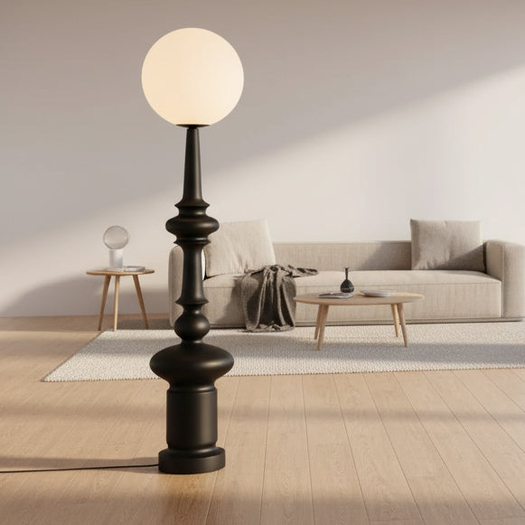 Black globe floor lamp with totem base, frosted shade, D30cm x H136cm, E27 LED