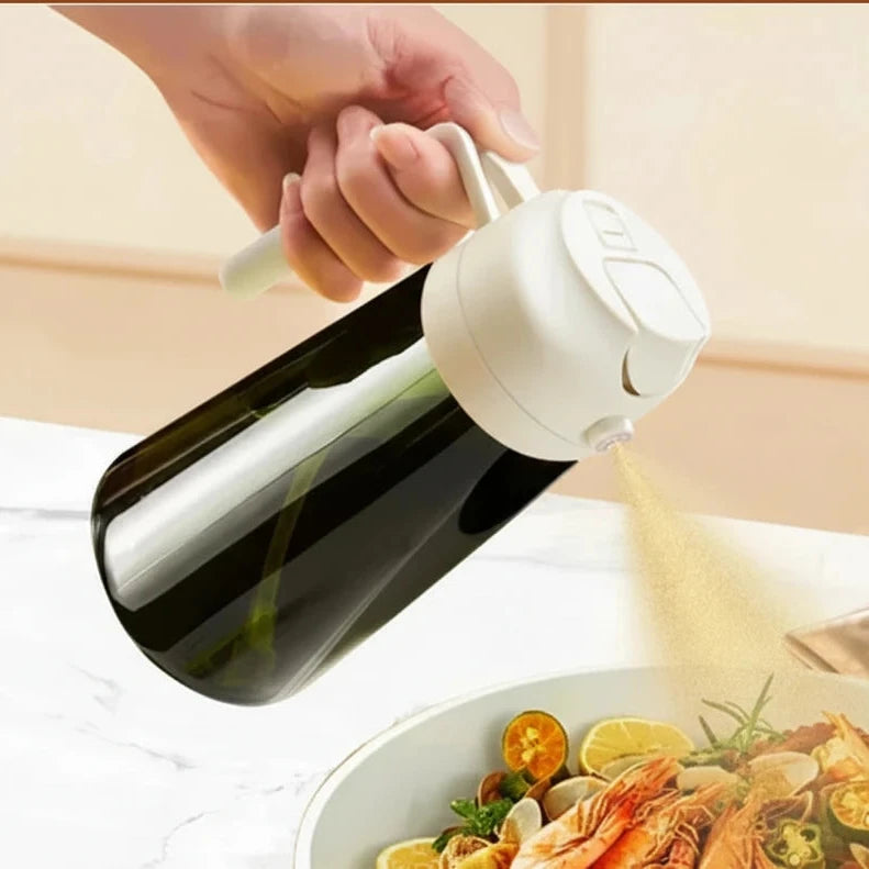 Food-grade oil dispenser bottles in white, pouring and spraying over dishes