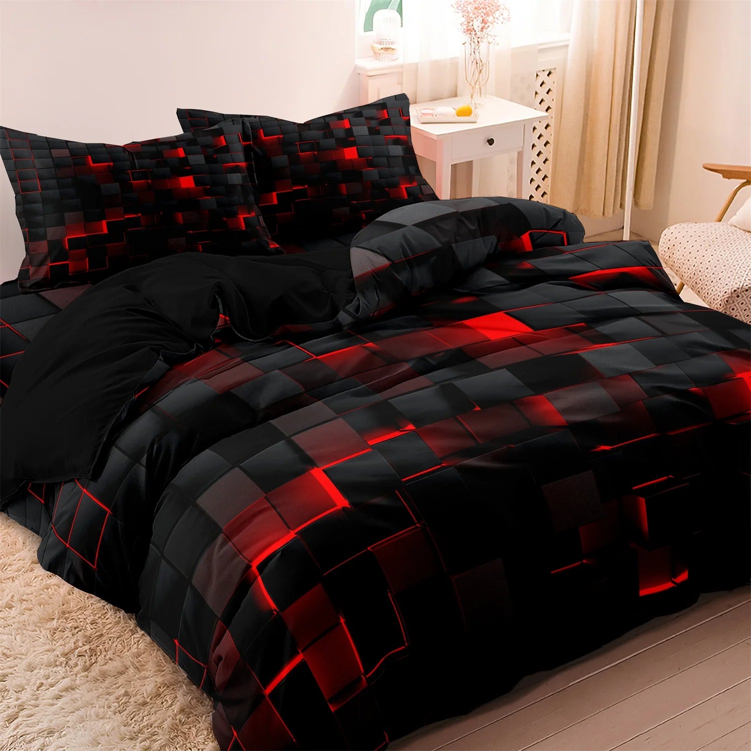 Black bedding set with red geometric block 3D print and matching pillowcases