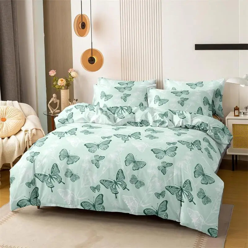 Sage-green butterfly-print duvet cover set with matching pillowcases in a styled bedroom.