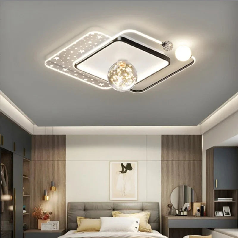 Black square double-frame LED ceiling light with star-cut panels and crystal ball, 52×52cm