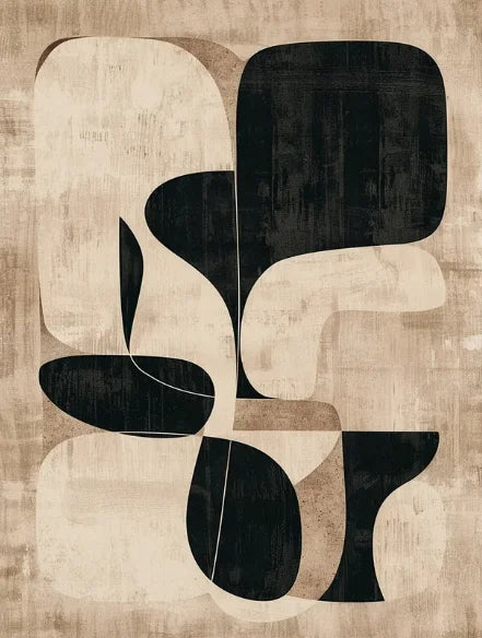 Abstract art piece with black and beige shapes on a textured beige background