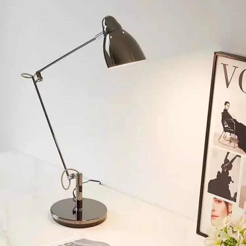 Adjustable aluminium desk lamp with long arm, brushed dark metallic finish, 80cm height, 70cm reach, 19cm base