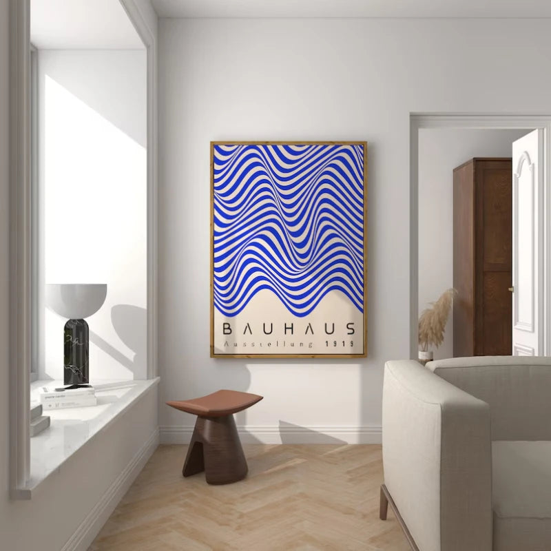 Bauhaus abstract poster with cobalt blue wavy stripe design on a cream background