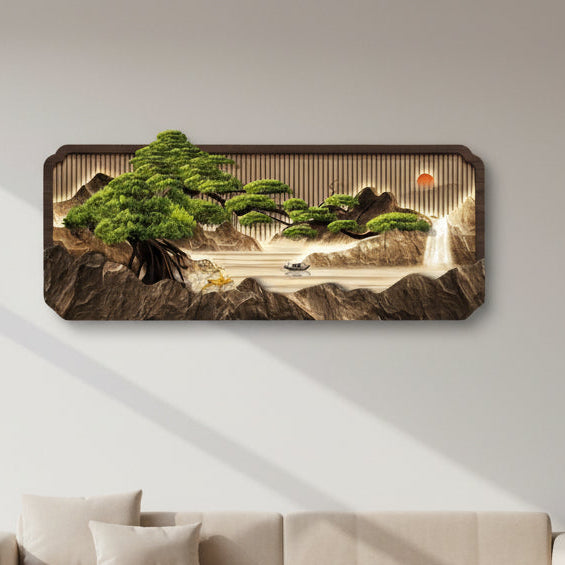 3D LED framed wall light with pine tree, waterfall, boat, deer and red sun in a wide landscape — with and without backlight