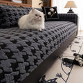 Cat sitting on a patterned sofa in a living room