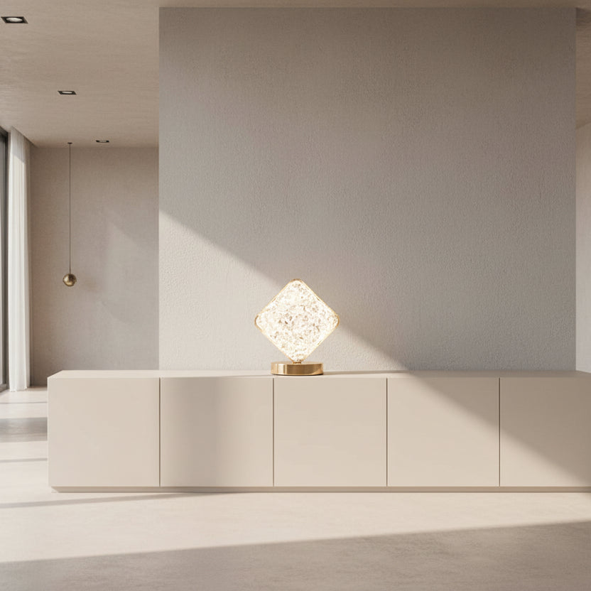 Square table lamp with dimensions and features displayed on a neutral background